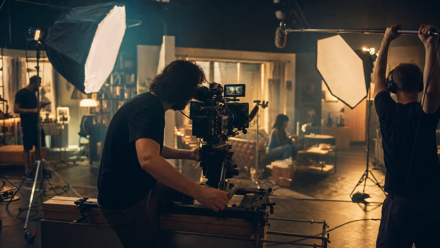 Troupe di Fuoricampo al lavoro su un set di ripresa video a Ferrara, telecamera cinematica e luci professionali accese