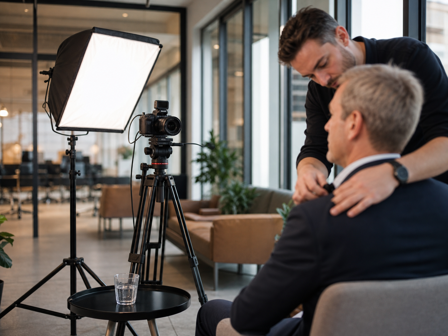 Ripresa di un video aziendale corporate con intervista in ufficio, telecamera e softbox
