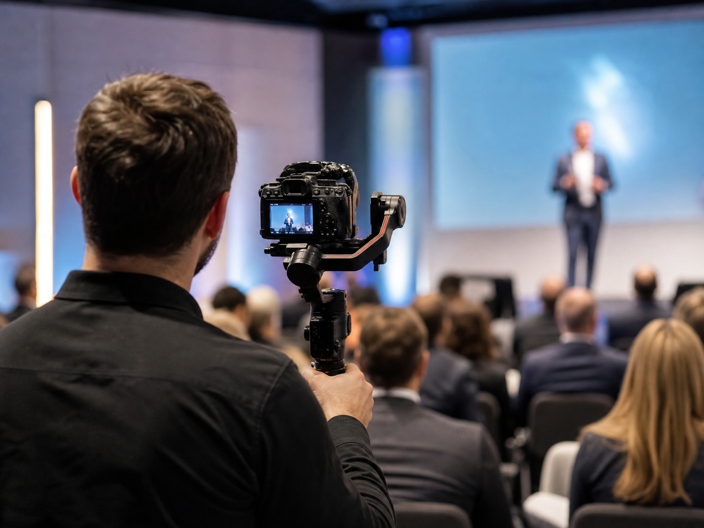 Operatore video che riprende un evento aziendale dal vivo con stabilizzatore gimbal